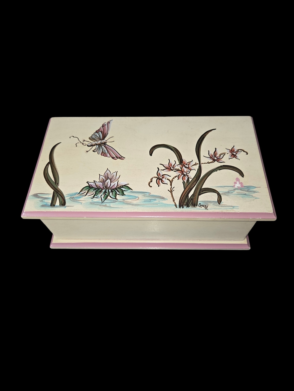 Vintage Hand Painted Jasper Cabinet Jewelry Box 9"L x 5"W x 4" Tall